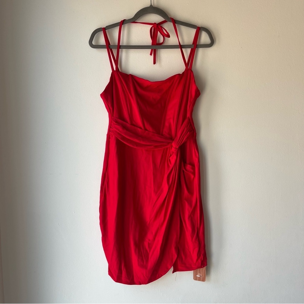 SHEIN SXY Red Knot Front Ruched Bodycon Mini Dress Women’s L NWT Party Cocktail